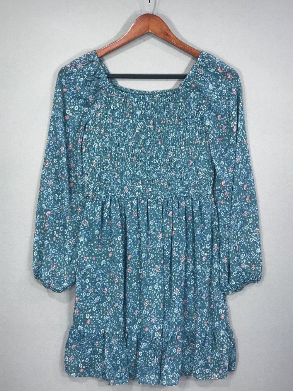 Art Class Dress Girl's XL 14 Green Floral Knee Lined Smocked Peasant Balloon